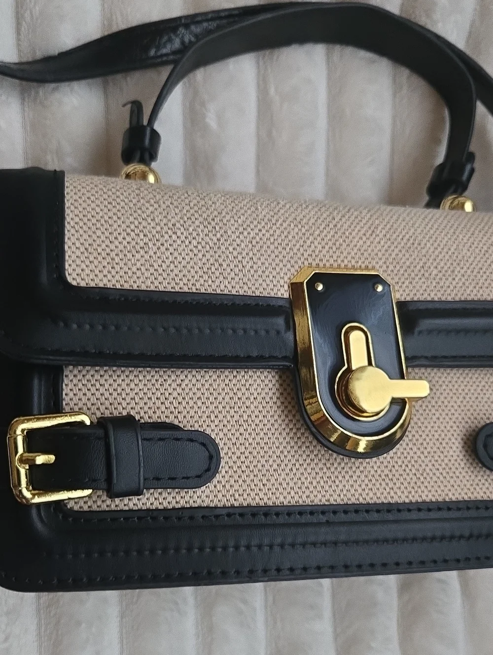 Black & Cream Structured Crossbody Bag with Gold Hardware